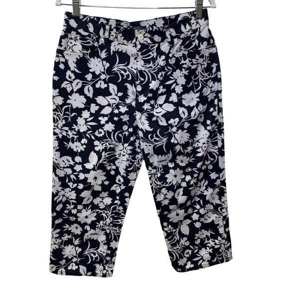 Chaps Floral High Waisted Straight Leg Crop Capri Pants Navy Blue Hawaiian 10 - Picture 1 of 13
